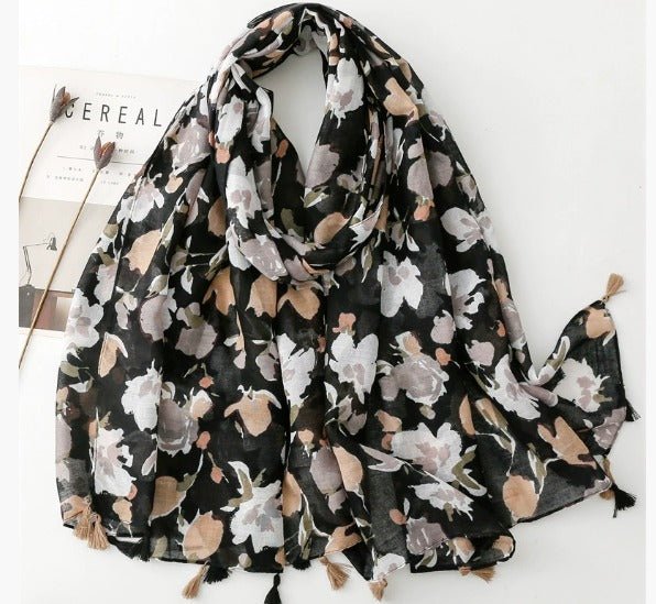 Foulard en coton floral noir et blanc - 14:202529824YT009-01 - L'Atelier du Foulard