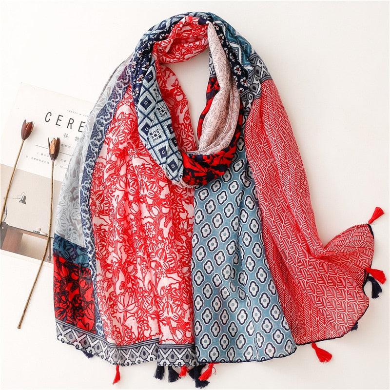 Foulard en coton à motifs losange et floraux - 14:691#SL2210-009;5:200003528#180X90cm - L'Atelier du Foulard