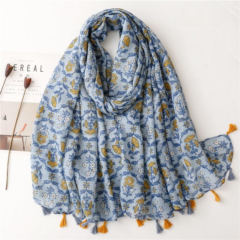 Foulard en coton bleu avec fleurs jaune et blanche - 14:366#22 - L'Atelier du Foulard