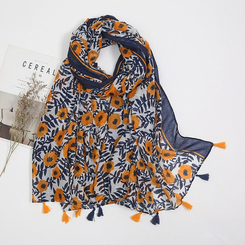 Foulard en coton bleu et fleurs orange - 14:496#XB097-01 - L'Atelier du Foulard