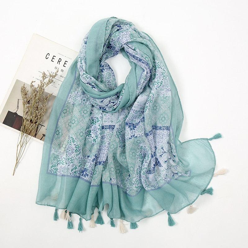 Foulard en coton bleu méditerranéen - 14:200005100#XB061-01 - L'Atelier du Foulard