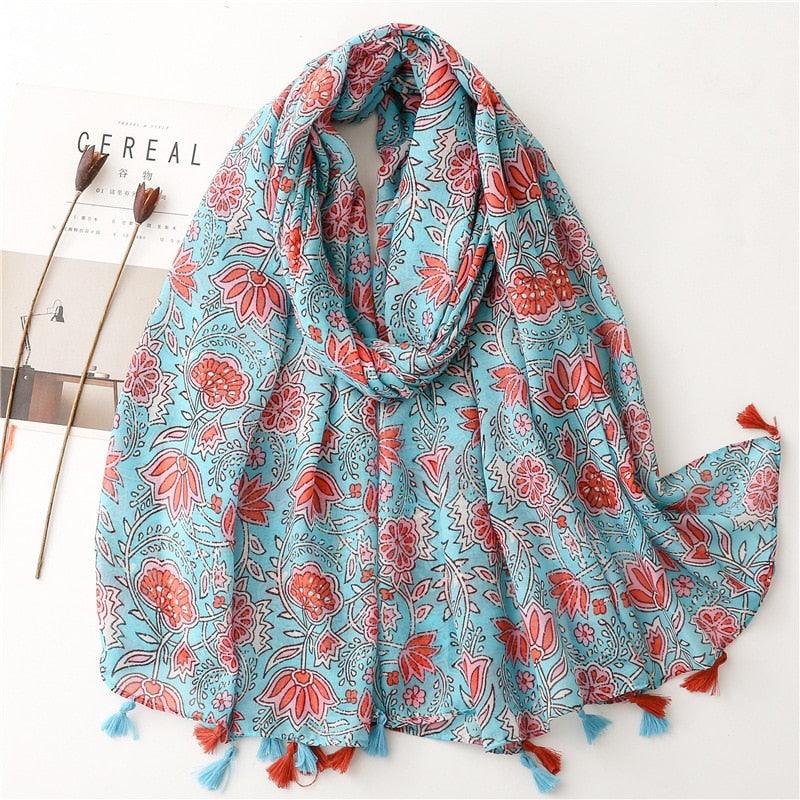 Foulard en coton bohème rouge et bleu fleuri - 14:200004889#18 - L'Atelier du Foulard
