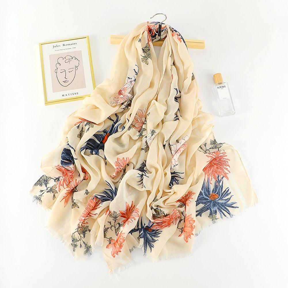 Foulard en coton floral beige - 14:200006152#XB554-01 - L'Atelier du Foulard