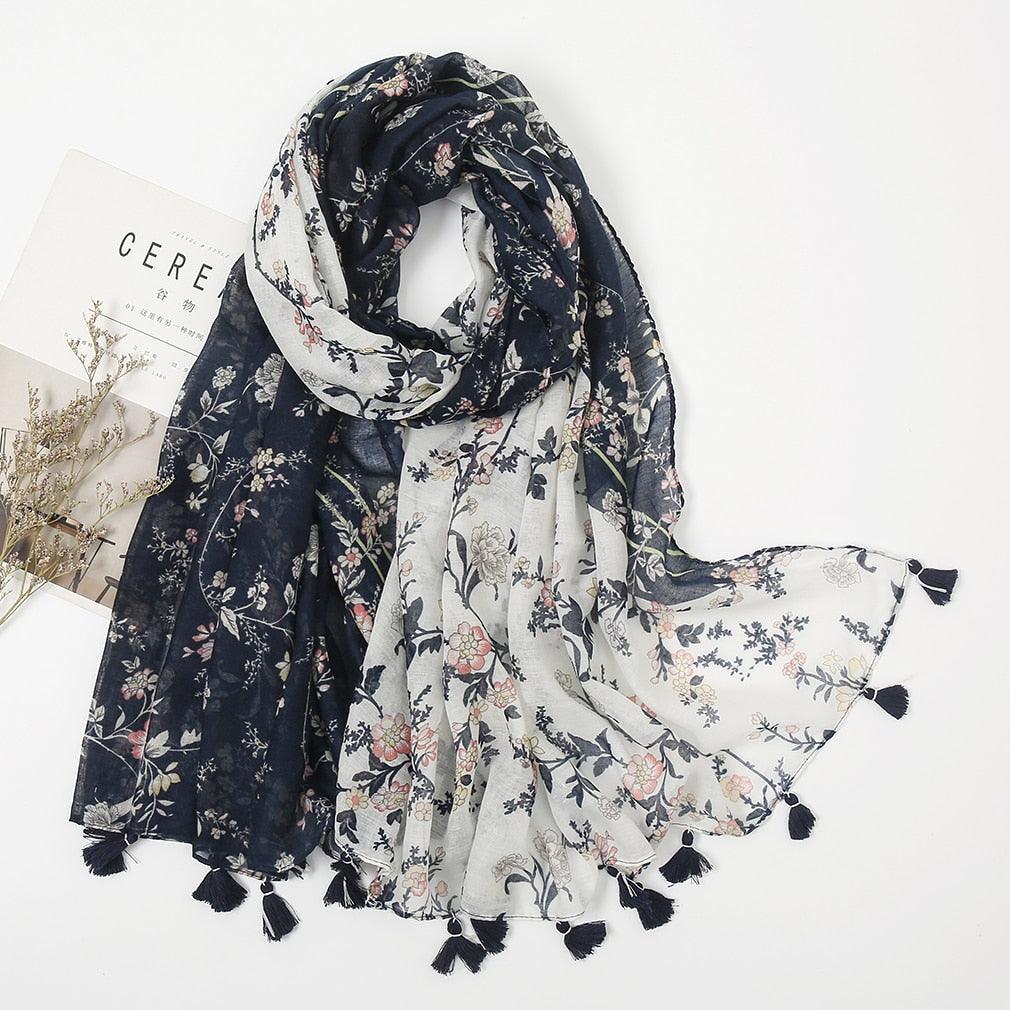 Foulard en coton floral bleu et blanc - 14:201800840#XB102-01 - L'Atelier du Foulard
