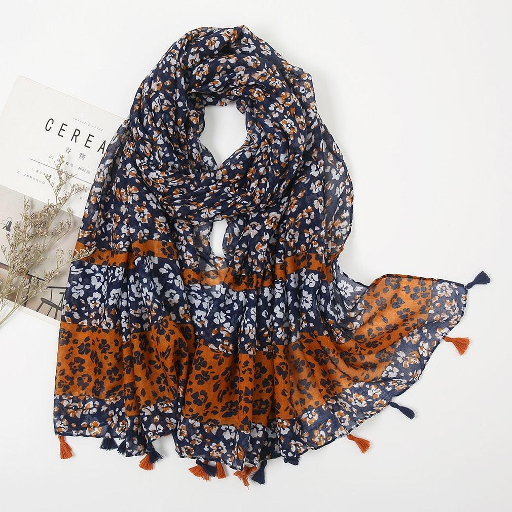 Foulard en coton floral bleu et orange - 14:203008818#XB121-01 - L'Atelier du Foulard