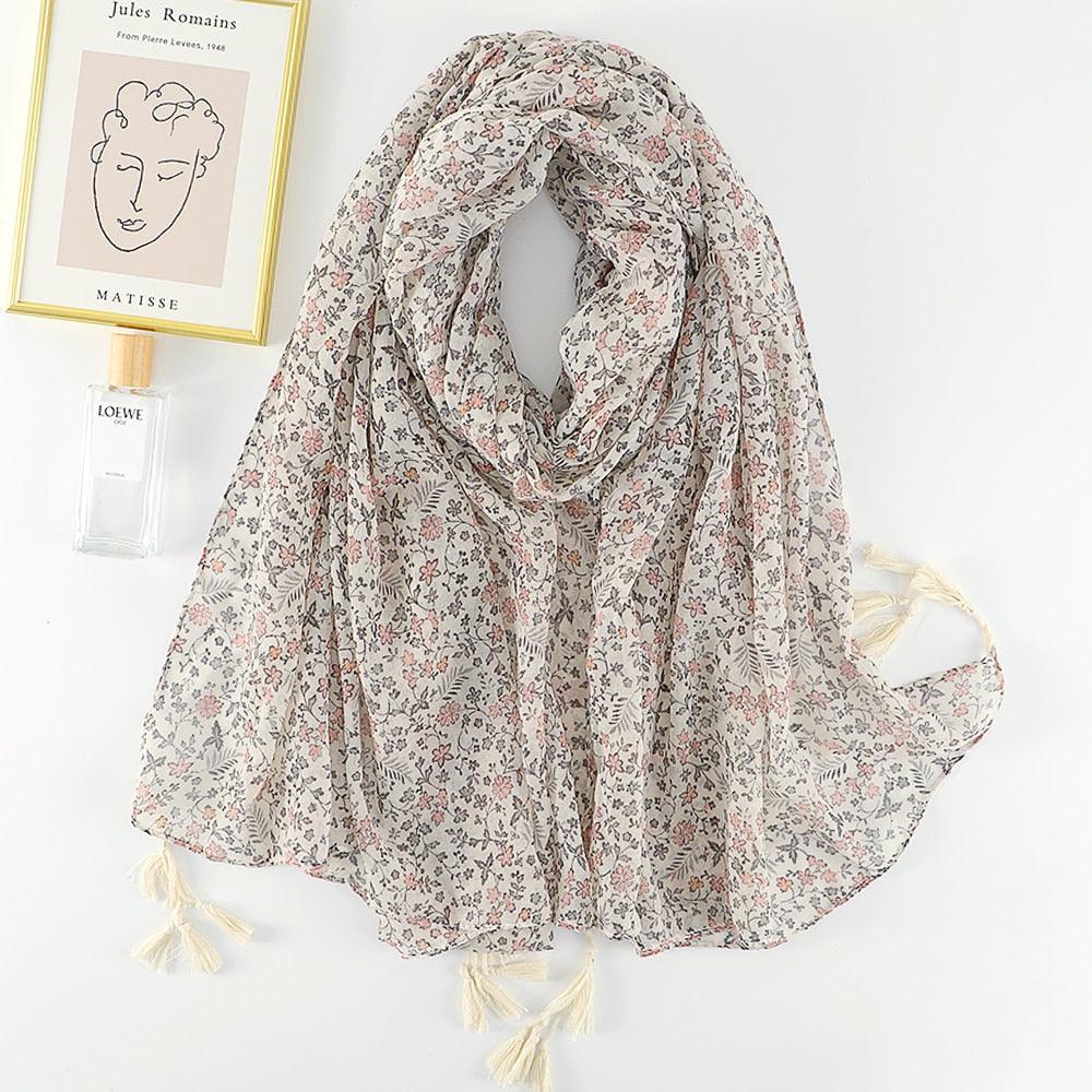 Foulard en coton floral gris et rose - 14:202072807#XB556-01 - L'Atelier du Foulard