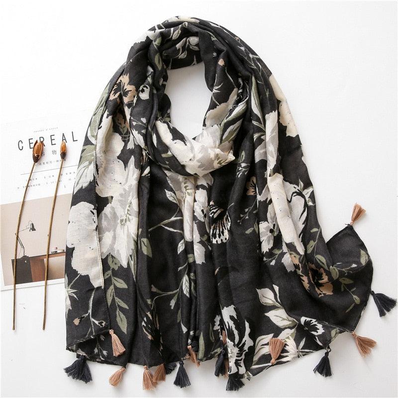 Foulard en coton floral noir et blanc - 14:202529824#YT009-01 - L'Atelier du Foulard