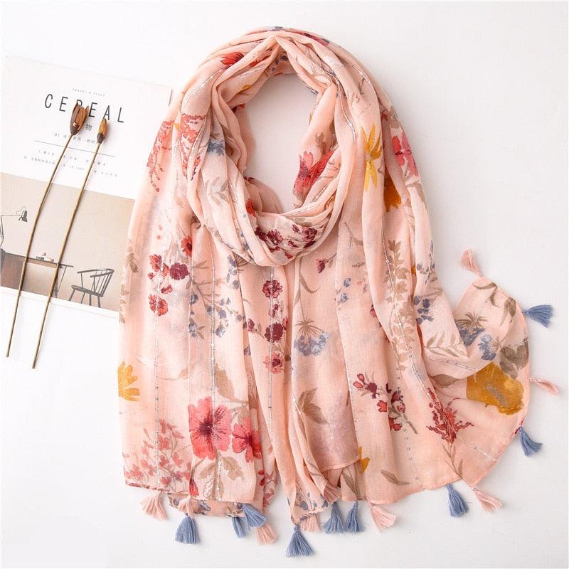 Foulard en coton floral rose pampilles bleu - 14:202530813#YT047-01 - L'Atelier du Foulard