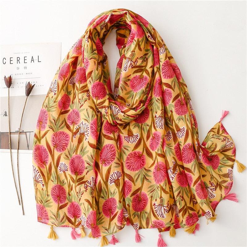 Foulard en coton jaune avec pissenlit rose - 14:200971939#24 - L'Atelier du Foulard