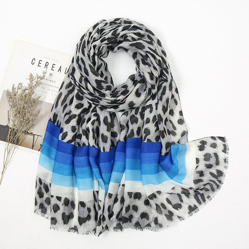 Foulard en coton léopard et rayure bleu - 14:193#XB083-01 - L'Atelier du Foulard