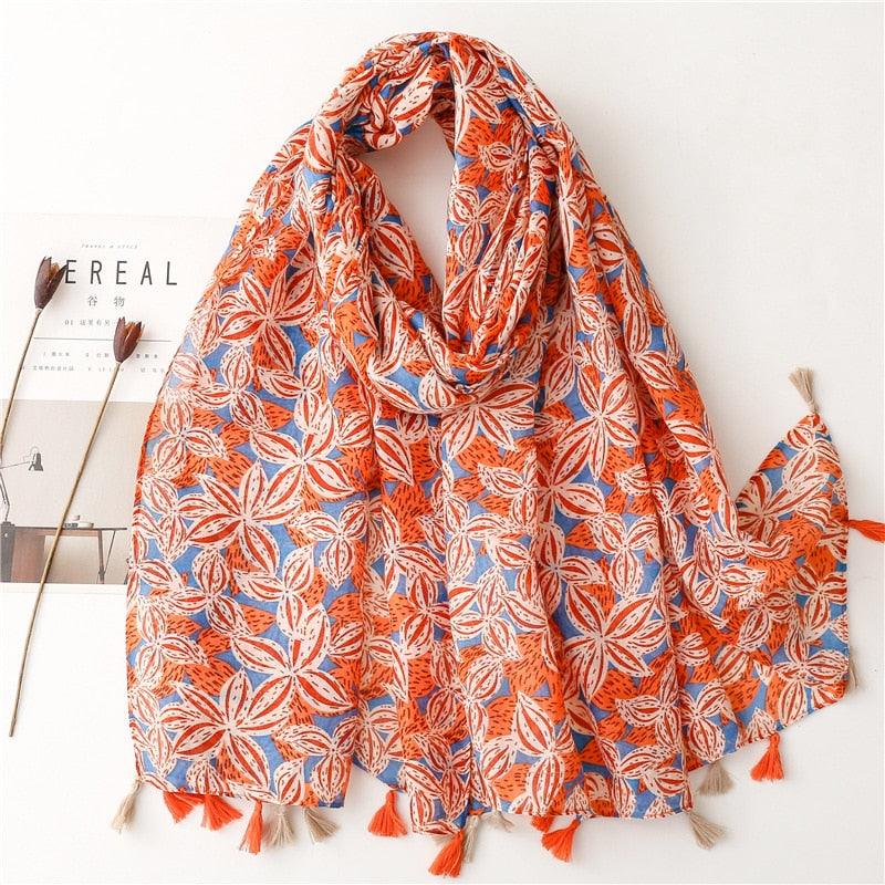 Foulard en coton orange et bleu motif feuillage - 14:1254#21 - L'Atelier du Foulard