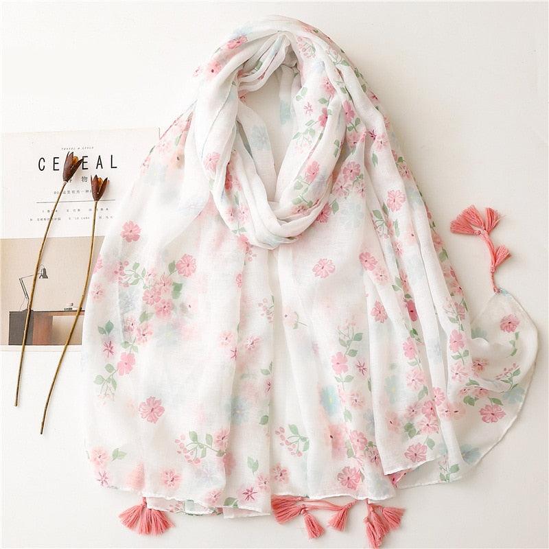 Foulard en coton pastel et blanc fleuri - 14:691#6 - L'Atelier du Foulard