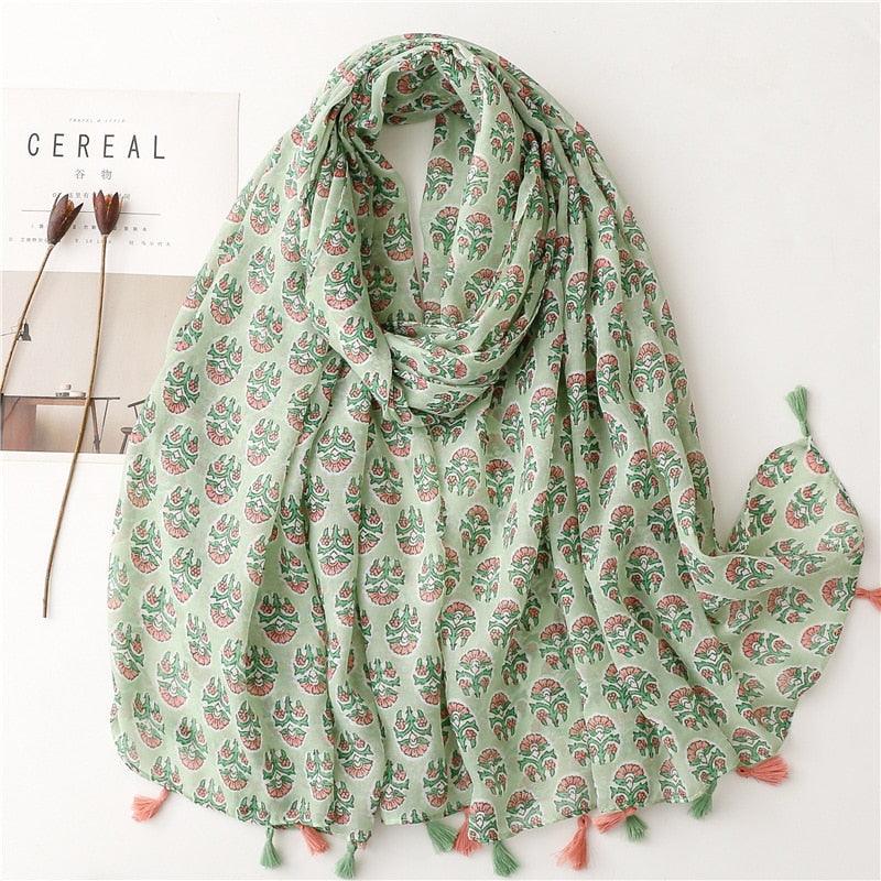 Foulard en coton pastel vert et rose motif floral - 14:201450919#26 - L'Atelier du Foulard