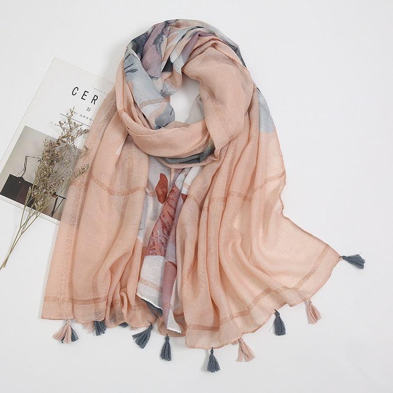 Foulard en coton rose avec des fleurs - 14:350853#XB099-01 - L'Atelier du Foulard
