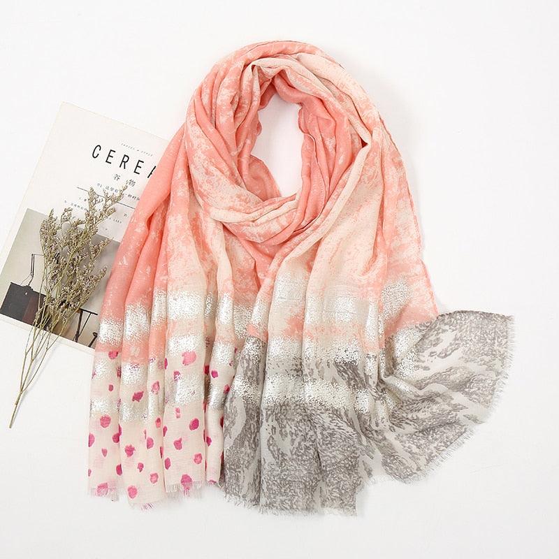 Foulard en coton rose et argent - 14:200006158#XB048-01 - L'Atelier du Foulard