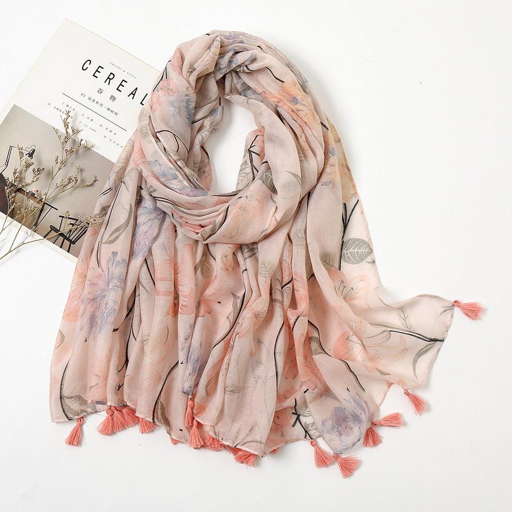Foulard en coton rose fleurs et feuillage pastel - 14:200004870#XB166-01 - L'Atelier du Foulard