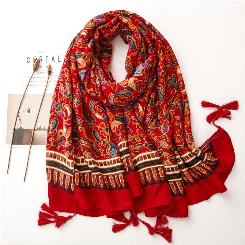 Foulard en coton rouge à motif ethnique - 14:173#SL2007-010;5:200003528#180X90cm - L'Atelier du Foulard