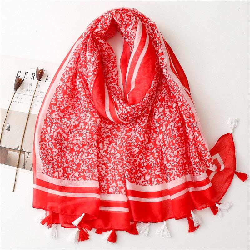 Foulard en coton rouge et blanc motif floral - 14:29#15 - L'Atelier du Foulard
