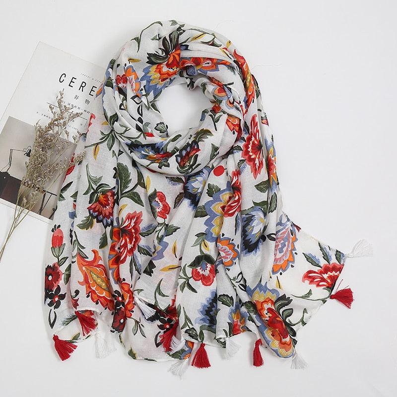 Foulard fleuri coloré en coton - 14:173#XB087-01 - L'Atelier du Foulard