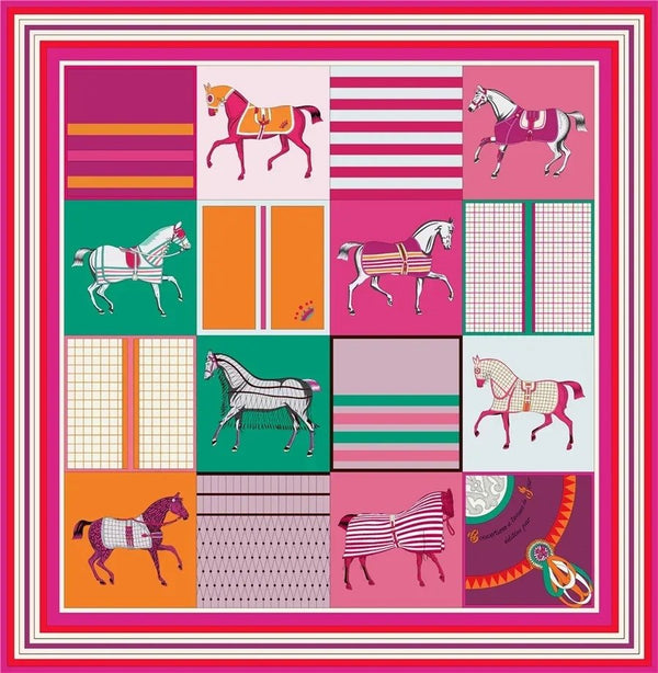 Foulard effet soie imprimé rose chevaux - Foulard - L'Atelier du Foulard