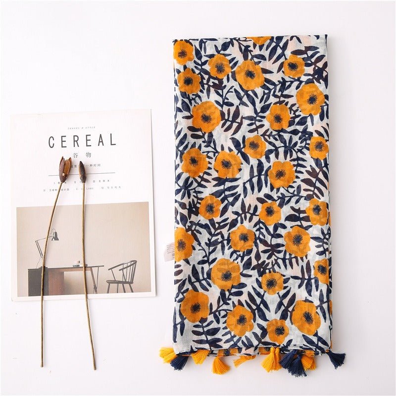 Foulard en coton bleu et fleurs orange - 14:496XB097-01 - L'Atelier du Foulard