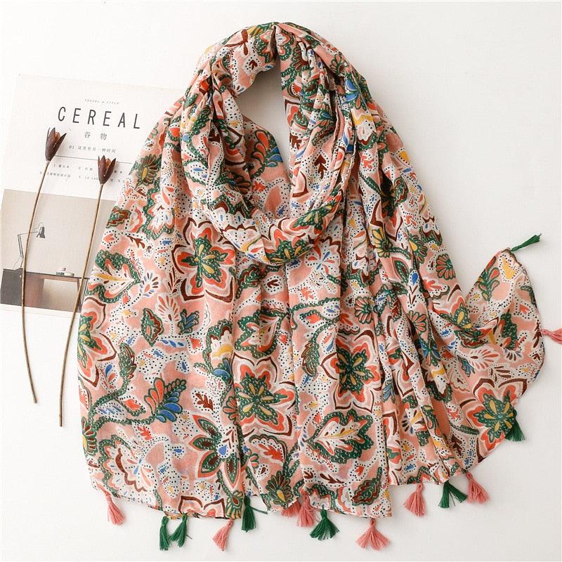 Foulard en coton fleuri rose et vert - 14:1733 - L'Atelier du Foulard