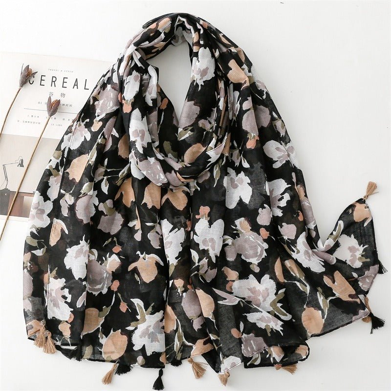 Foulard en coton floral noir et blanc - 14:202529824YT009-01 - L'Atelier du Foulard