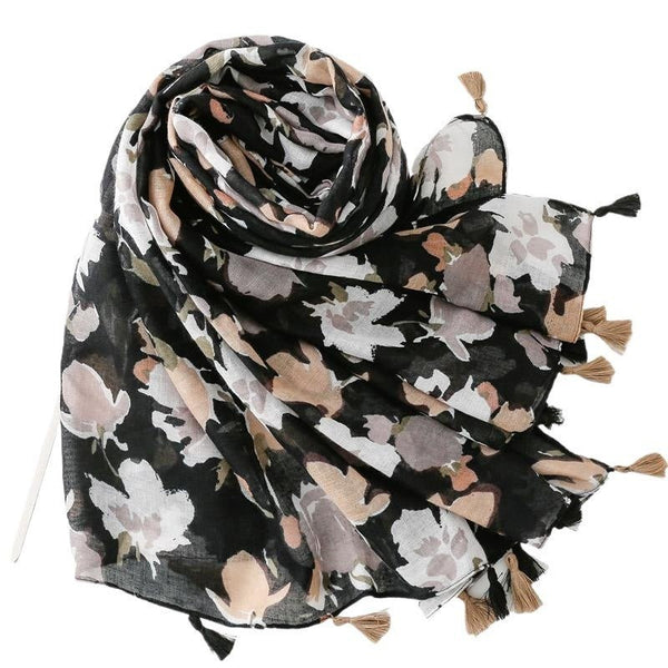Foulard en coton floral noir et blanc - 14:202529824YT009-01 - L'Atelier du Foulard