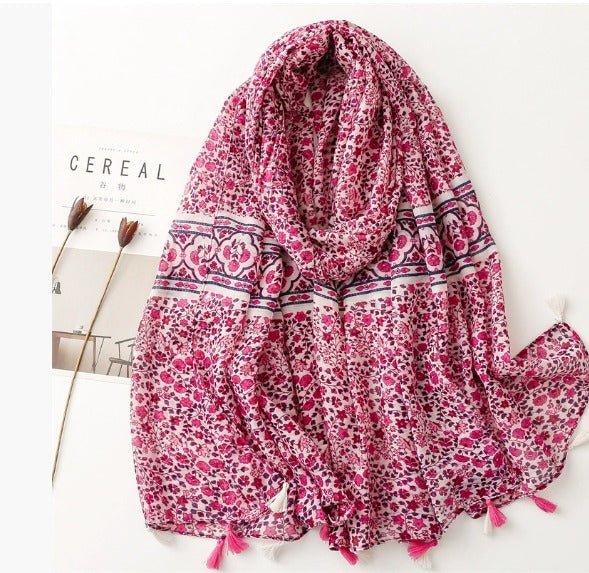 Foulard en coton floral rouge avec pampilles - 14:200006151XB553 - 01 - L'Atelier du Foulard