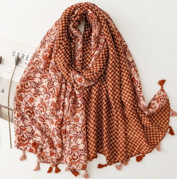 Foulard en coton marron et blanc avec motif paquerette - 14:20000489123 - L'Atelier du Foulard