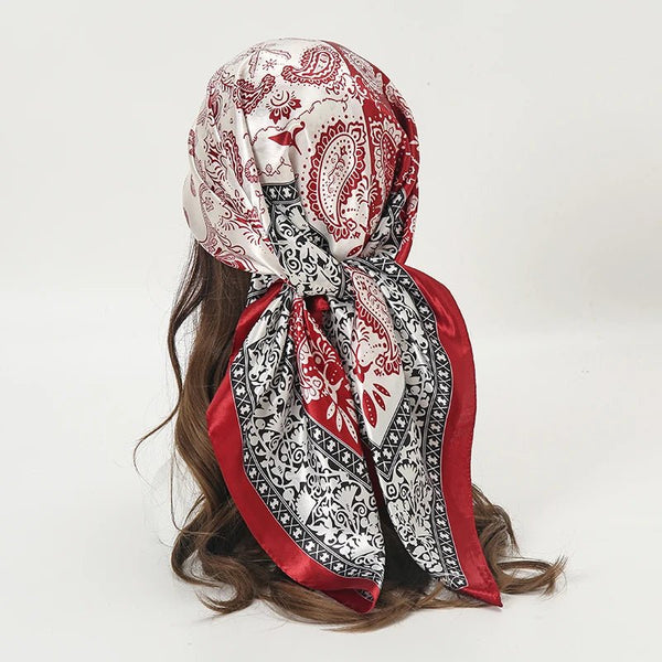 Foulard en satin imprimé rouge et bleu - Foulard - L'Atelier du Foulard