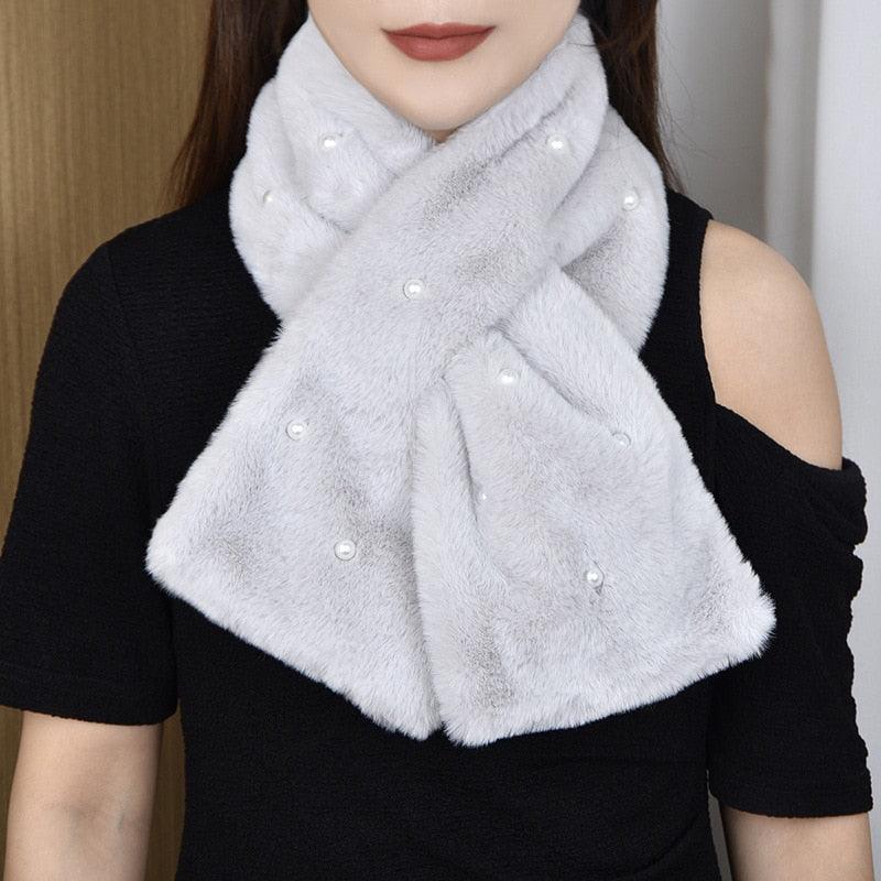 Echarpe croisée & perles en fausse fourrure de lapin - 14:350850#Light Gray - L'Atelier du Foulard