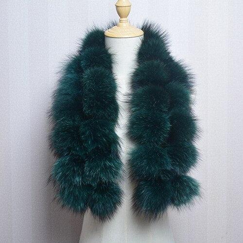 Echarpe en fourrure de renard véritable avec pompons - 14:175#Raccoon dark green - L'Atelier du Foulard