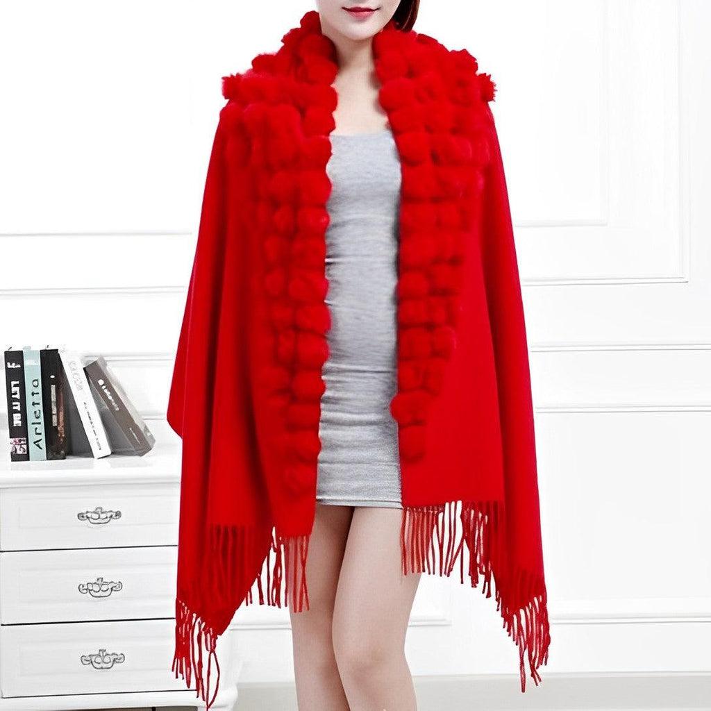 Echarpe en laine avec pompon en fourrure - 14:29#red;5:200003528 - L'Atelier du Foulard