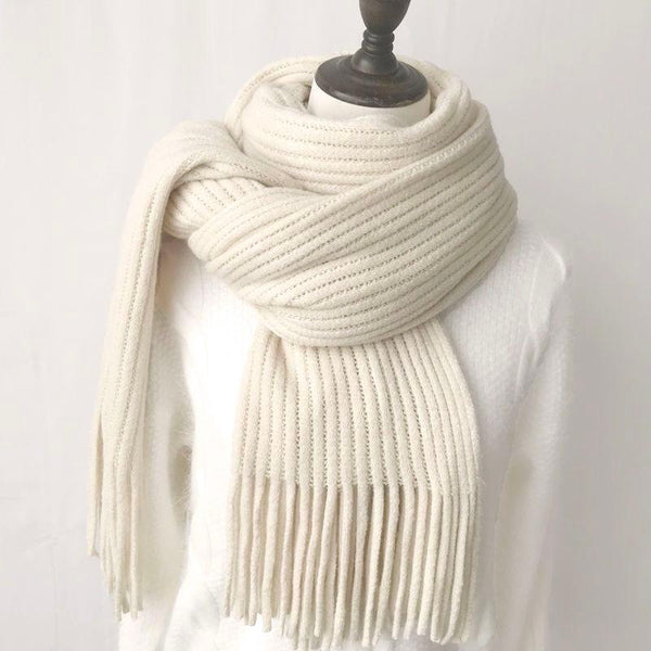 Écharpe en laine unie avec franges - 14:771#Beige;5:200003528#200x40cm - L'Atelier du Foulard