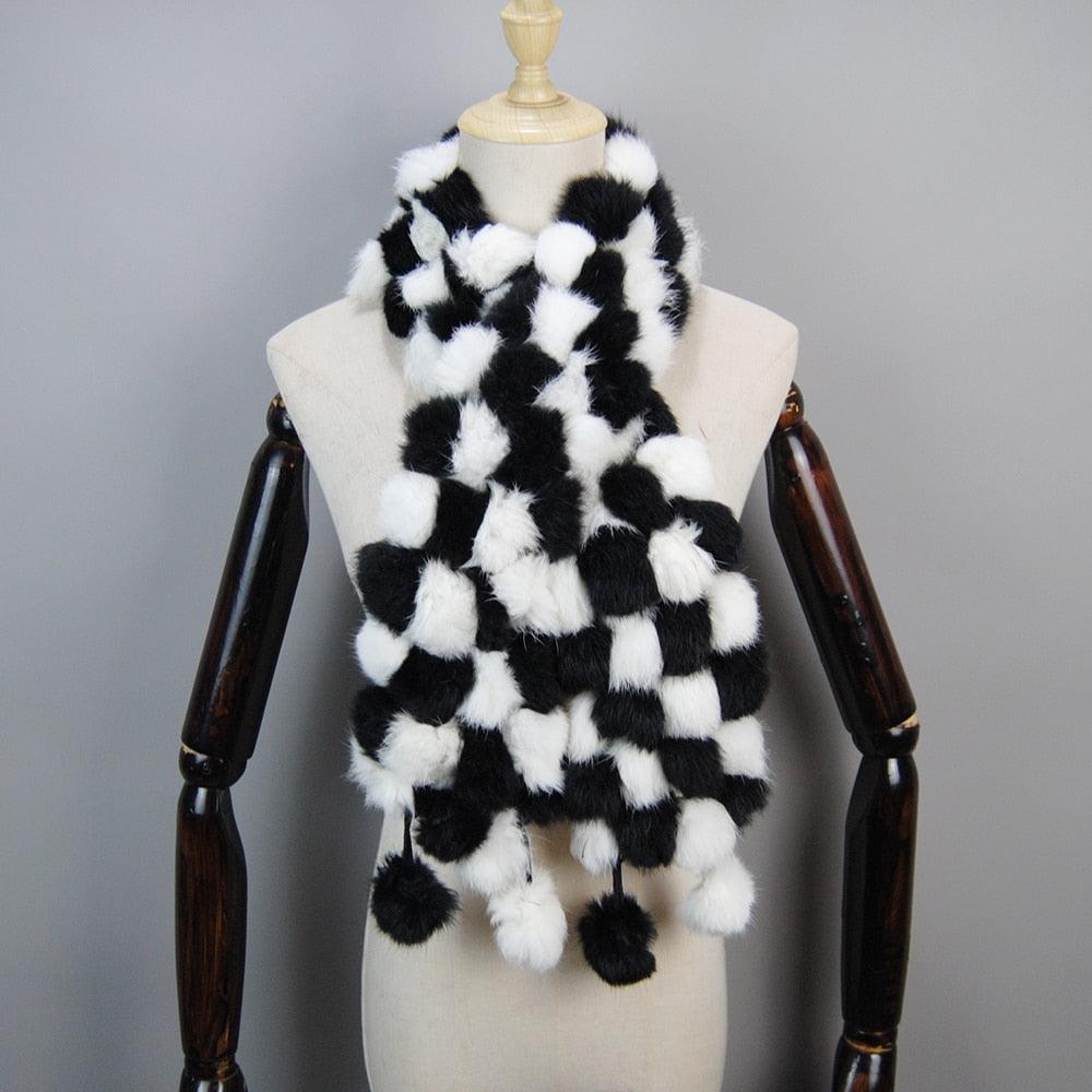 Écharpe pompon en fourrure de lapin bicolore - 14:200004889#black white;5:200003528#One Size - L'Atelier du Foulard