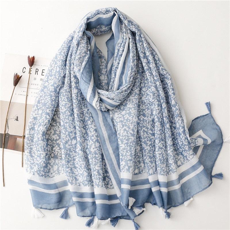 Foulard en coton bleu et blanc motif floral - 14:350853#14 - L'Atelier du Foulard