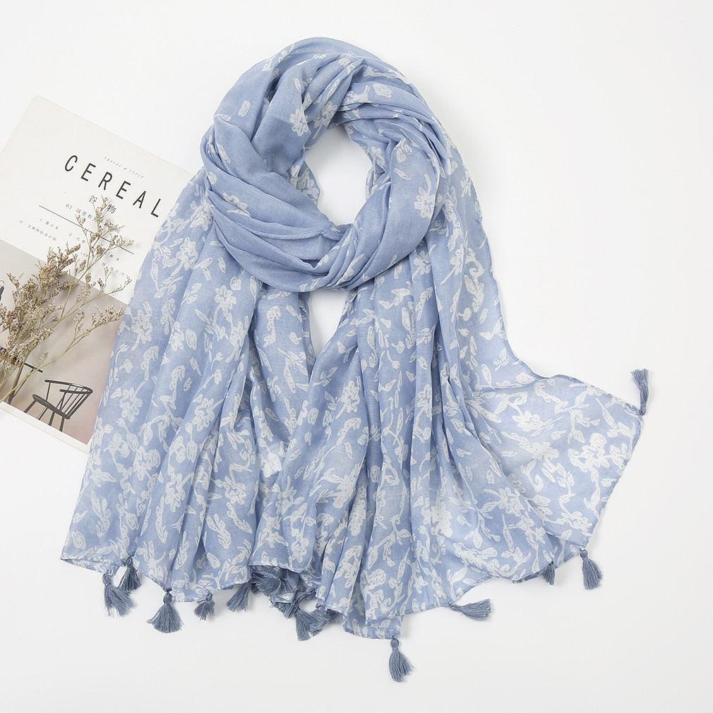 Foulard en coton bleu fleurs blanche délicate - 14:202520811#XB138-01 - L'Atelier du Foulard