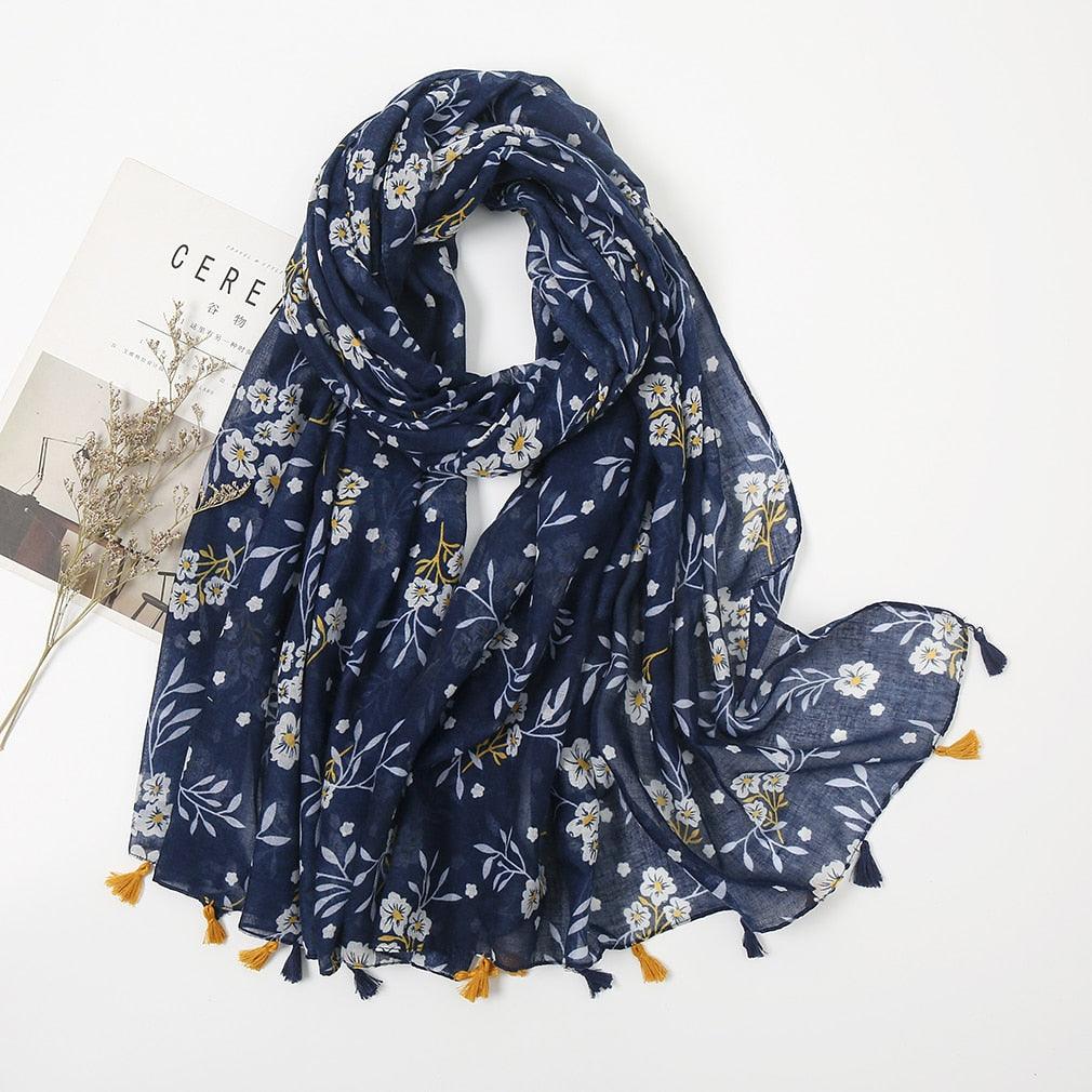 Foulard en coton bleu foncé avec fleurs blanche - 14:200013902#XB104-01 - L'Atelier du Foulard