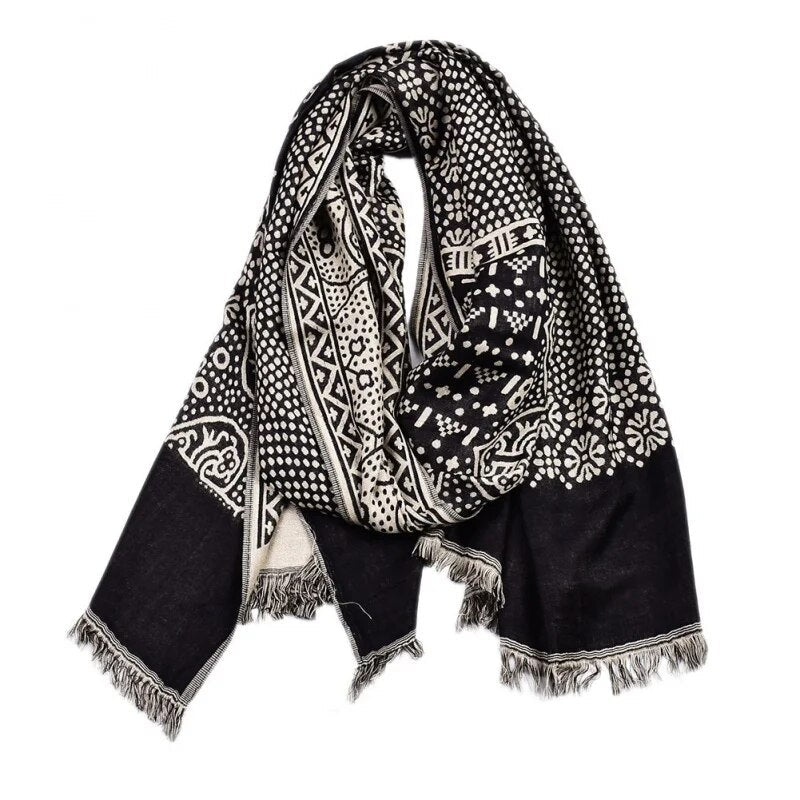 Foulard en coton et lin style ethnique - 14:193#Black;5:4181#Over 175cm - L'Atelier du Foulard