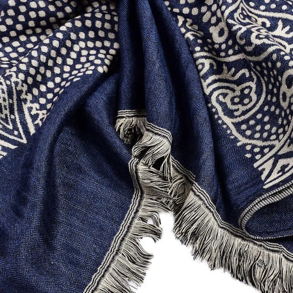 Foulard en coton et lin style ethnique - 14:771#Navy Blue;5:4181#Over 175cm - L'Atelier du Foulard