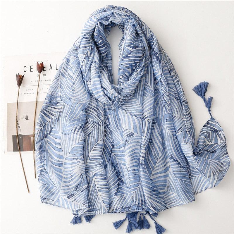 Foulard en coton feuillage bleu - 14:365458#4 - L'Atelier du Foulard