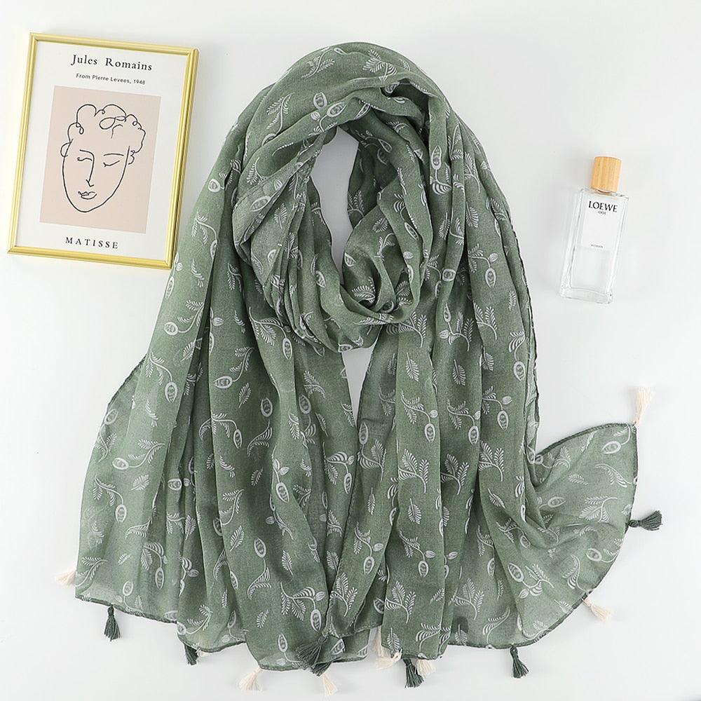 Foulard en coton feuillage vert - 14:201450919#XB557-01 - L'Atelier du Foulard