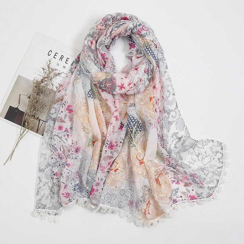 Foulard Carré Floral gris et rose Cadeau pour Femme (FO242