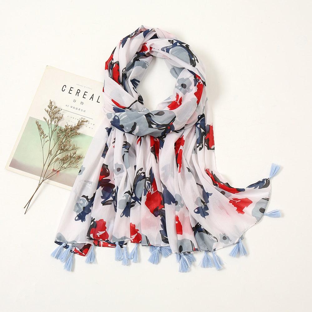 Foulard en coton floral bleu, blanc, rouge - 14:203322812#XB199-01 - L'Atelier du Foulard