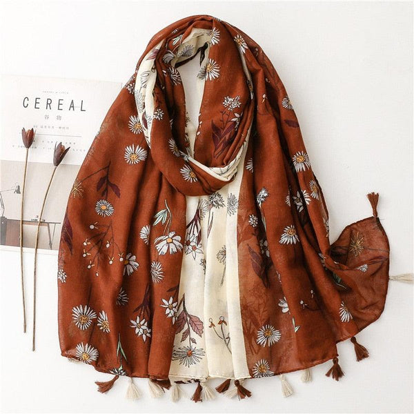Foulard en coton marron et blanc avec motif paquerette - 14:200004891#23 - L'Atelier du Foulard