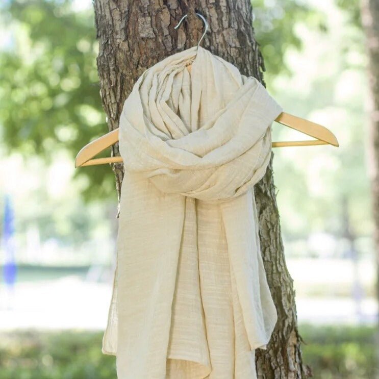 Foulard En Coton Vison Immaculé - Détail Gland Crème Volumineux - Style Bohème - Neuf Sans étiquette