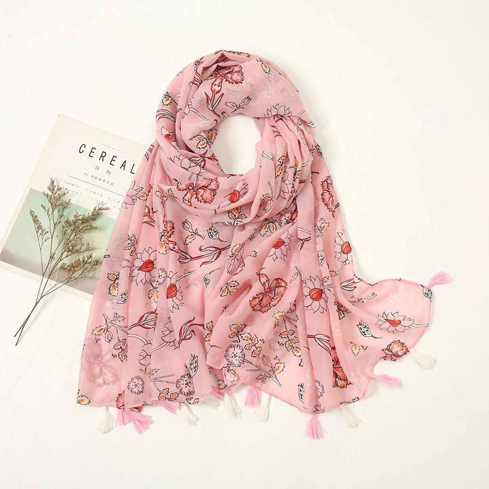 Foulard floral rose en coton - 14:4602#XB200-01 - L'Atelier du Foulard