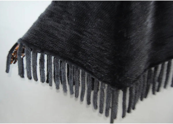 Poncho en fourrure de vison naturelle avec grandes franges - 14:193#black;5:200003528#Bust 84cm-108cm - L'Atelier du Foulard