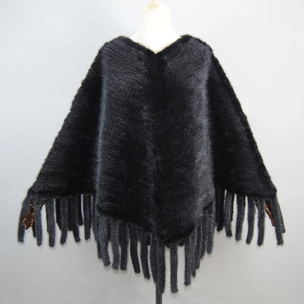 Poncho en fourrure de vison naturelle avec grandes franges - 14:193#black;5:200003528#Bust 84cm-108cm - L'Atelier du Foulard